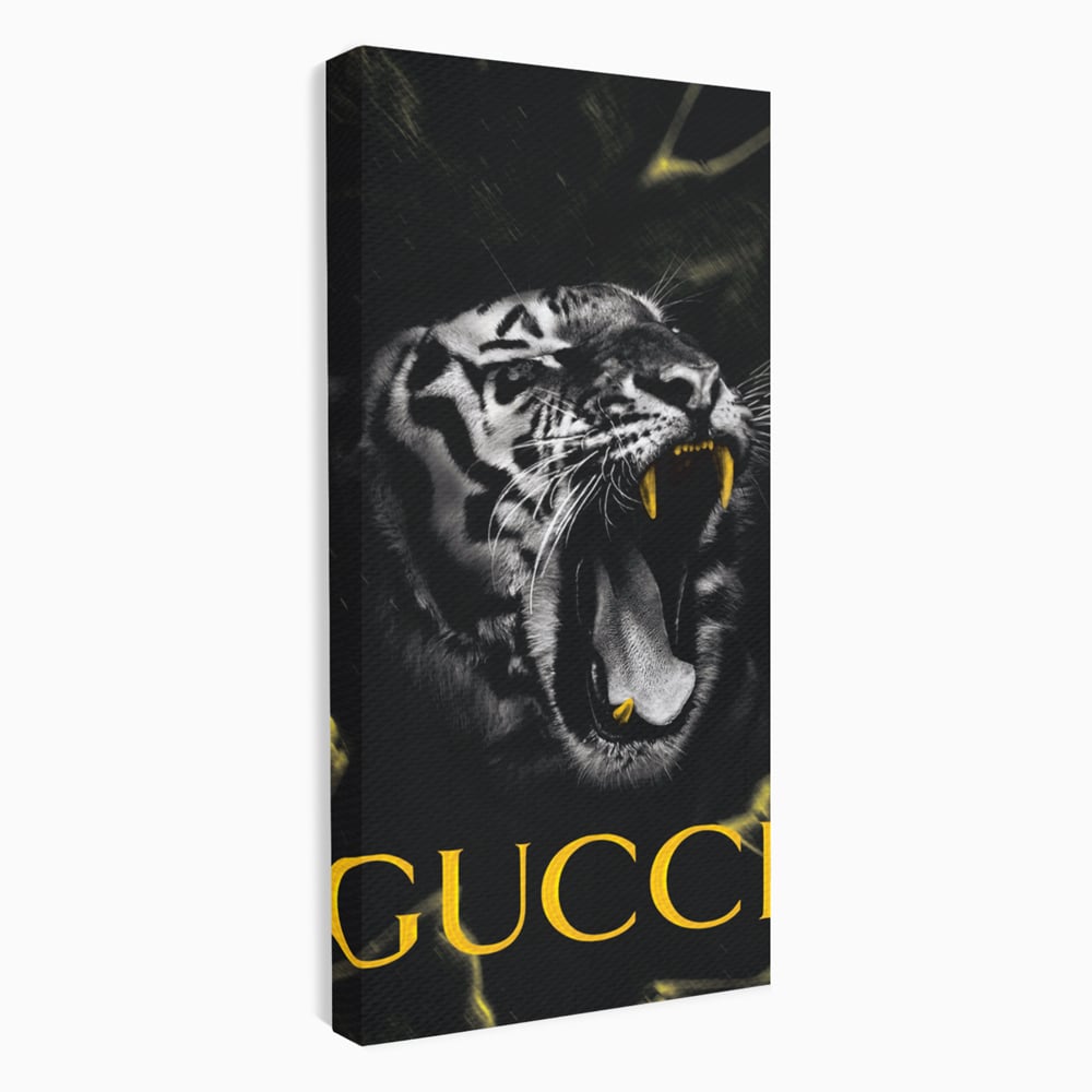 Tablou canvas cu tablou vertical cu tigru si text, fara rama, pe sasiu de lemn